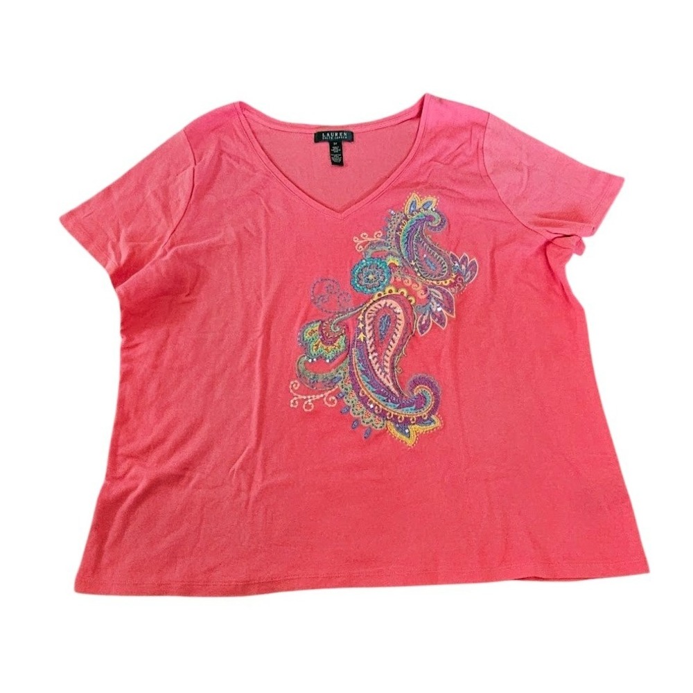 Lauren Ralph Lauren Women 3X Pink Paisley Embroidered Sequin V-Neck Cotton Tee
